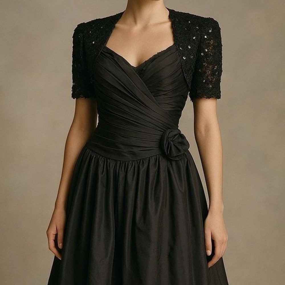 Vintage‎ Tadashi Black Ruched Hi Lo Dress Sequined Lace Short Sleeve 80s Formal